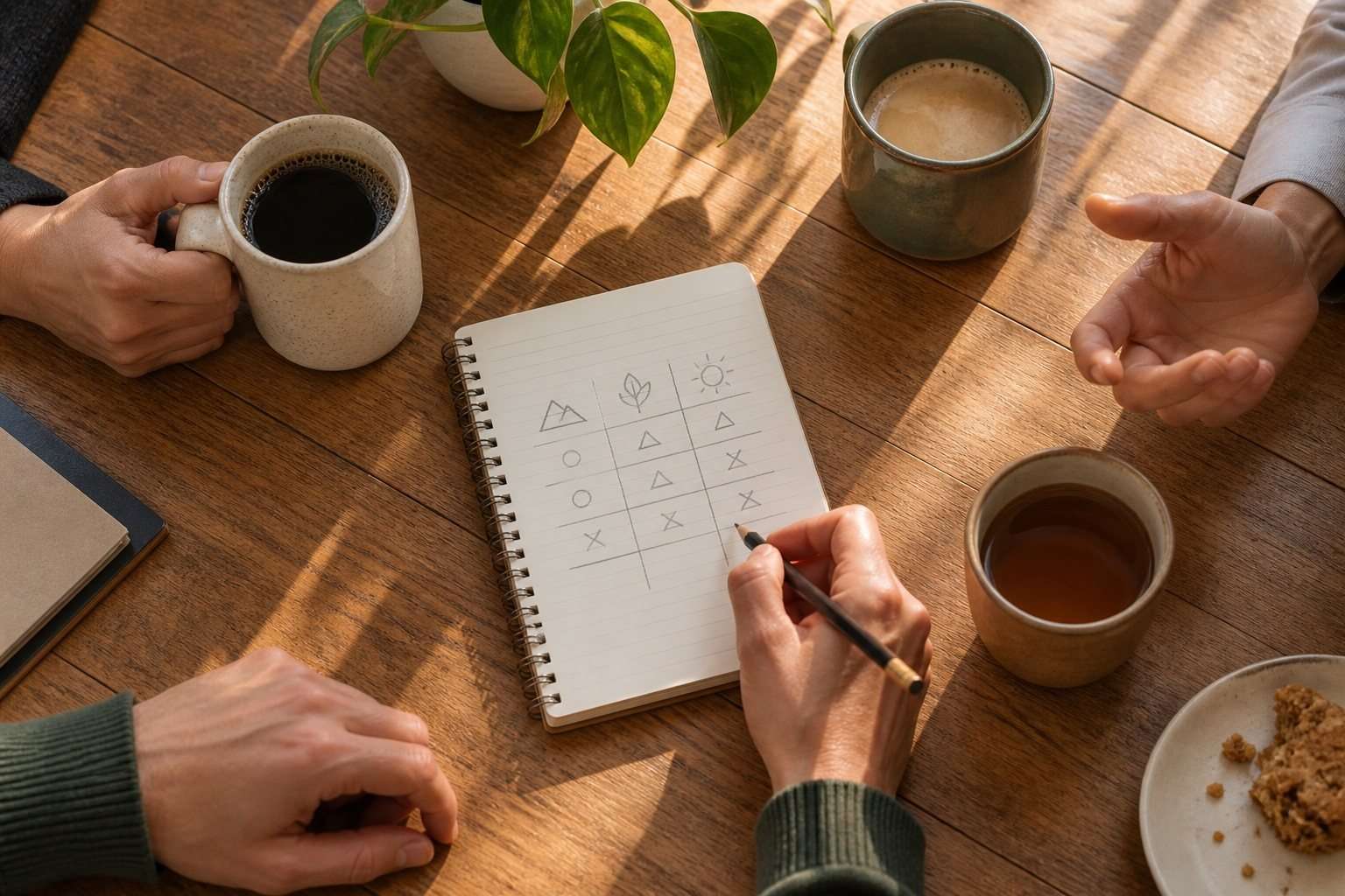 Esquema de ideas y notas de trabajo sobre una mesa.
